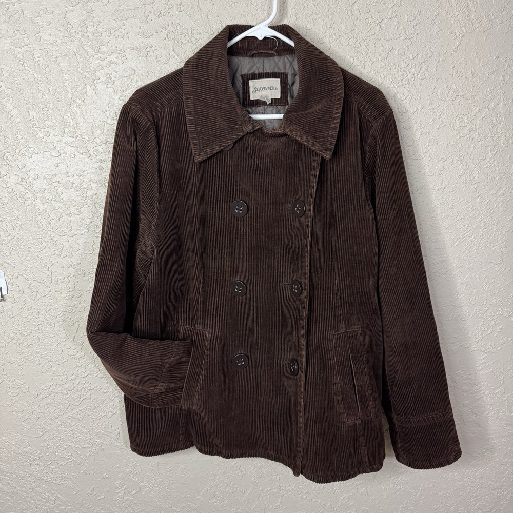 Vintage Y2K Womens Brown Corduroy Pea Coat Jacket Size XL Double Breasted 90s